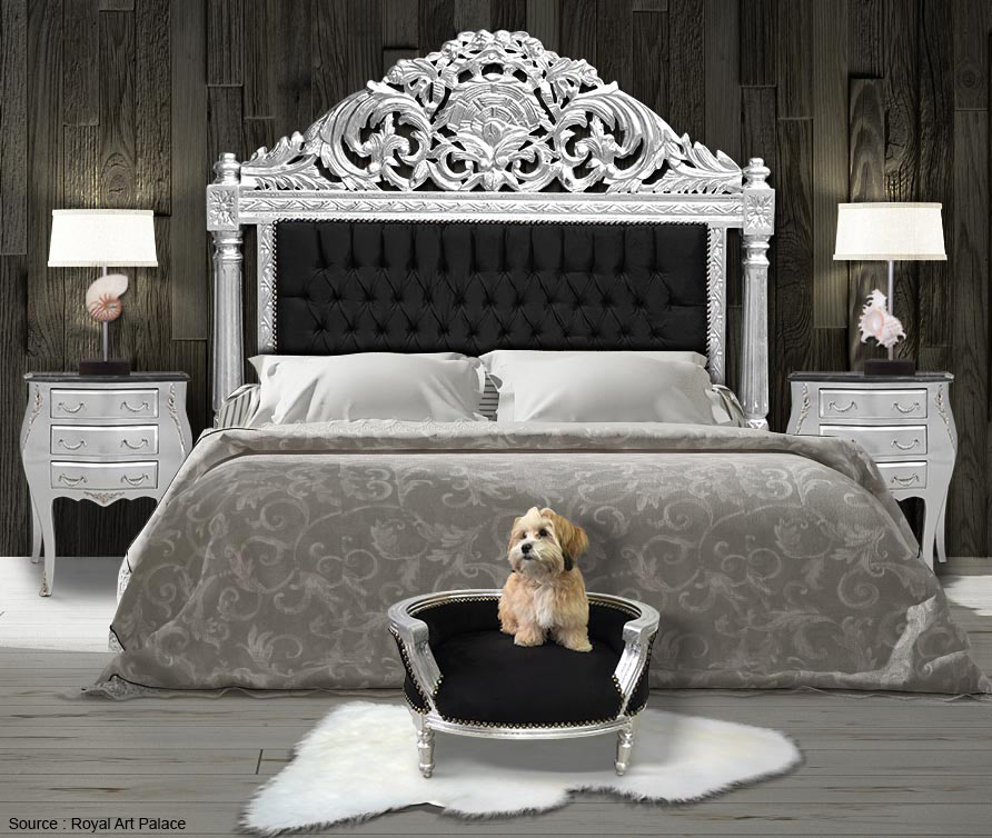canapé lit pour chien ou chat baroque velours noir et bois argent Royal Art Palace
